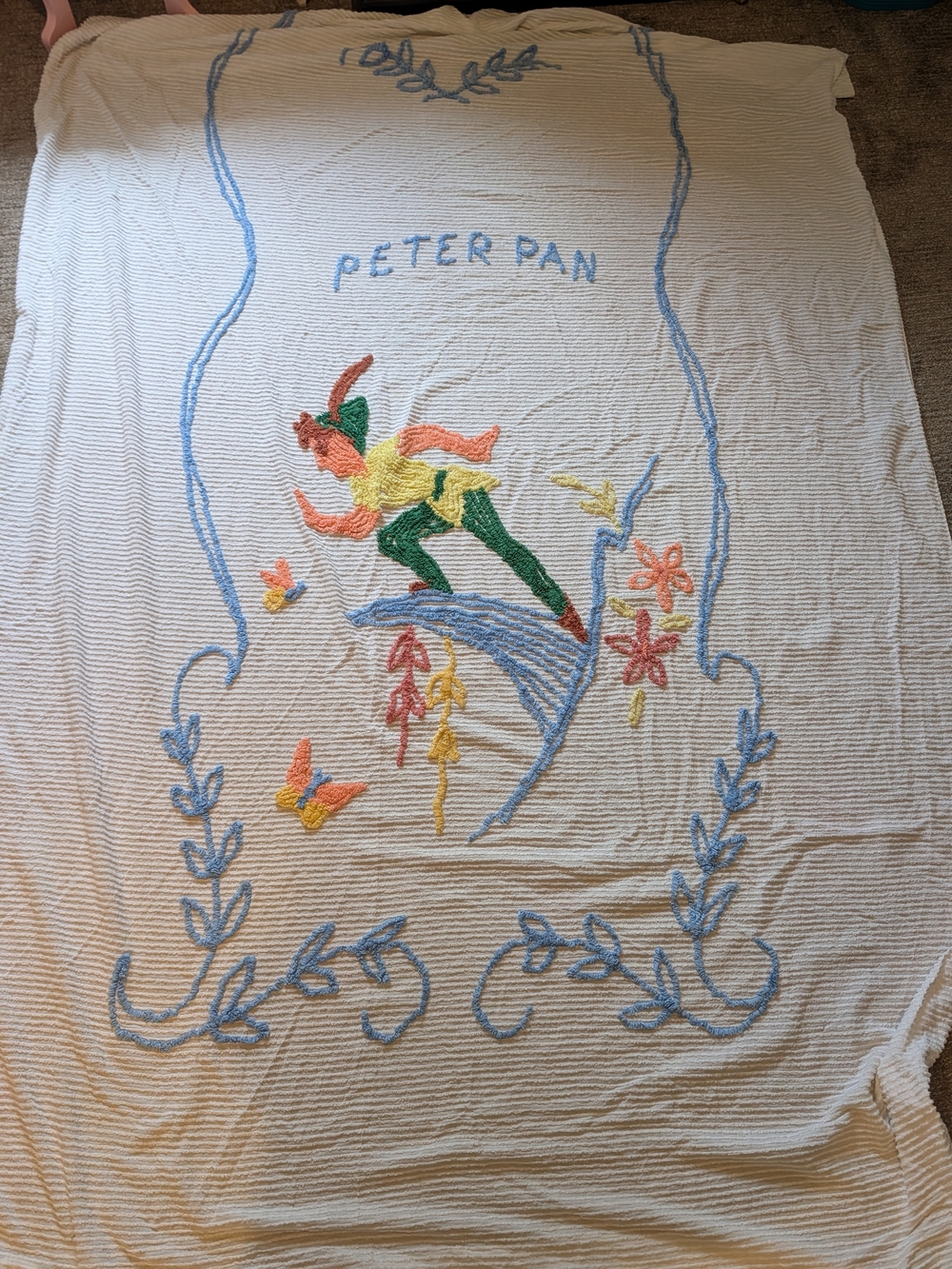 Vintage Peter Pan Embroidered Chenille Bedspread White Pastel Fairytale